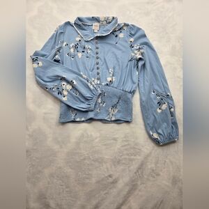 Maeve Anthropologie Blue Floral Smocked Cotton Blouse S Lace Collar
